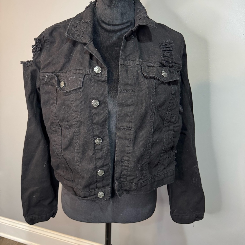 Almost Famous Black Denim Ripped Distressed Jeans Jacket Button